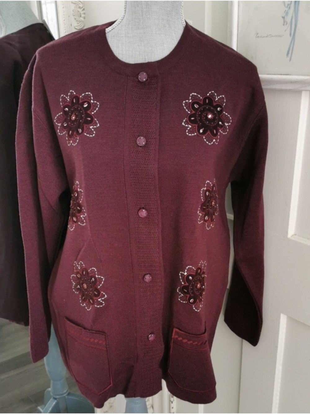 Vintage Y2K NWT Paramour Burgundy Floral Button-Front Grannycore Cardigan. L